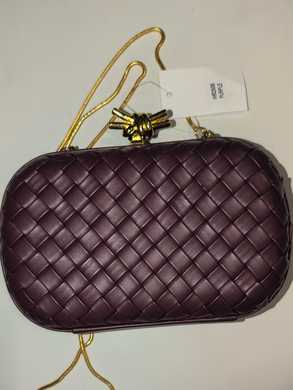Woven Leather Purple Crossbody Clutch with Gold Chain - Picture 1 of 16